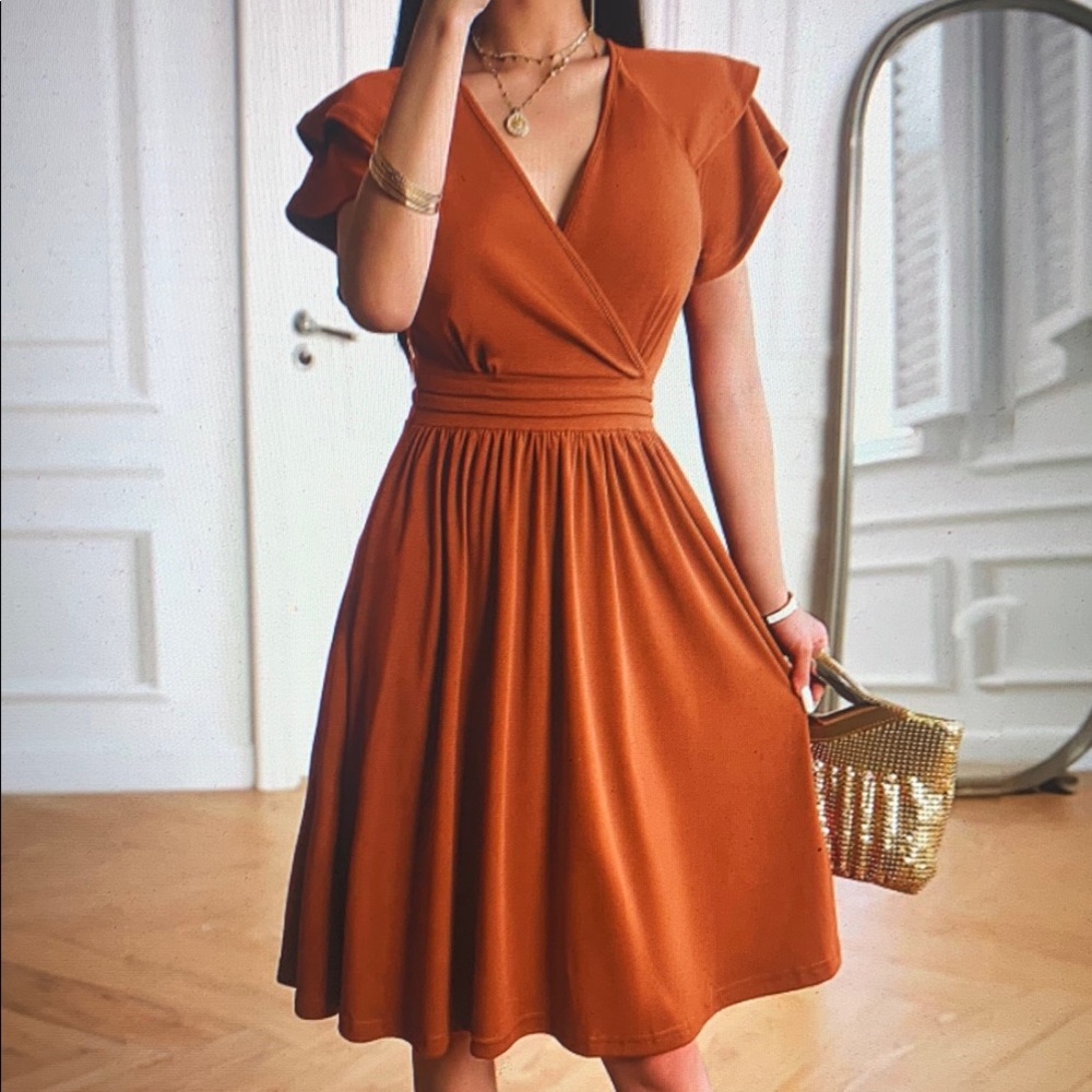 Elegant Rust Wrap V-Neck Midi Dress